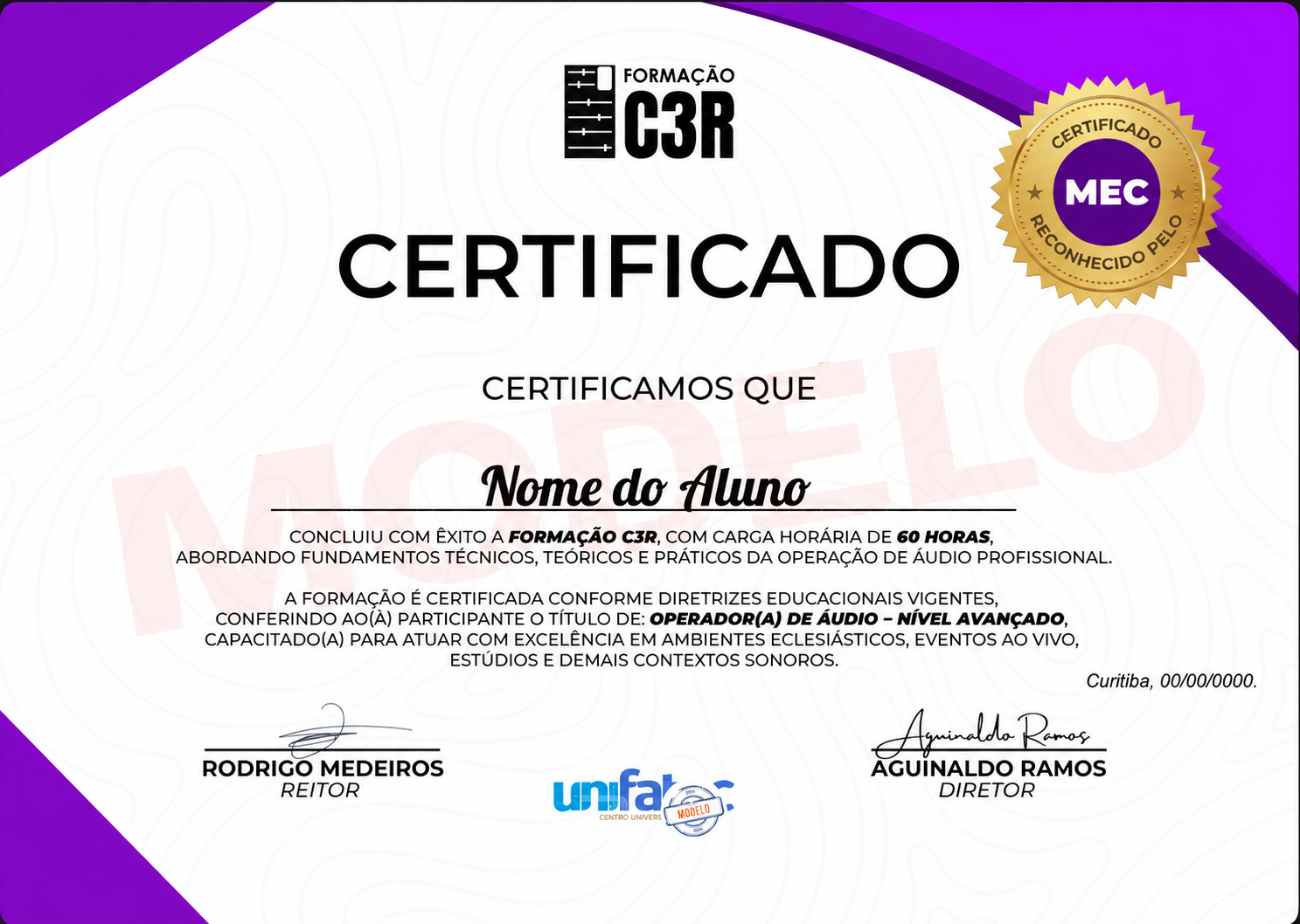 Modelo do certificado da Formação C3R reconhecido pelo MEC